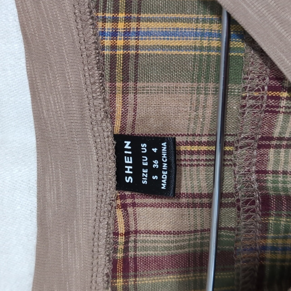 Shein Tan Varsity Patchwork Distressed Layered Lo… - image 2